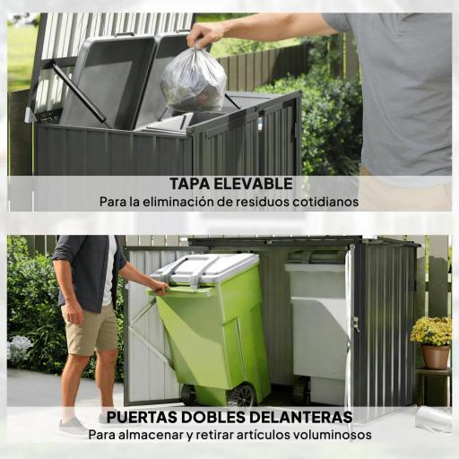 Cobertizo para Contenedor de Basura Doble de Acero Galvanizado de 240L con Tapa Abatible y Puertas con Cerradura Gris [4]