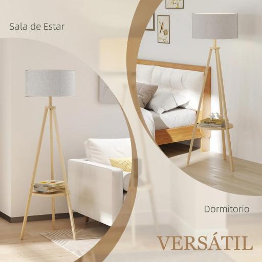Lámpara de Pie Tipo Trípode con Estructura de Madera Natural y Pantalla de Tela Gris con Estante Integrado 48x48x153 cm [5]