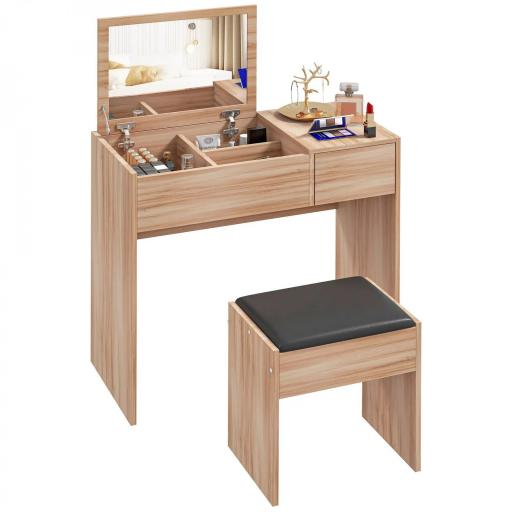Tocador Compacto con Espejo Abatible y Cajones y Taburete Estilo Minimalista Escritorio Pequeño 80x40x79cm Madera Natural [8]