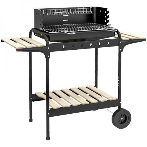 Barbacoa de Carbón con Ruedas Parrilla Ajustable en Altura Estantes y 6 Ganchos 103x47x95 cm Negro [8]