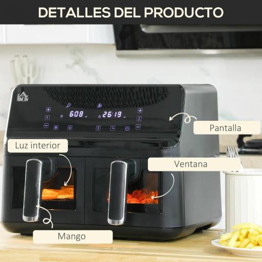 Freidora sin Aceite Doble 8L 2500W 8 Programas Pantalla LED Táctil Temperatura Ajustable 80-200℃ 38,5x38x30,5 cm Negro [4]
