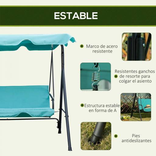 Balancín de Jardín Exterior Columpio de 3 Plazas con Toldo Ajustable y Marco de Acero 172x110x153 cm Verde Azulado [5]