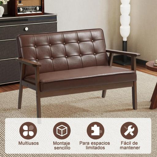 Sofá de 2 Plazas Tapizado en PU con Reposabrazos de Madera Respaldo Acolchado Carga 250 kg Marrón [8]