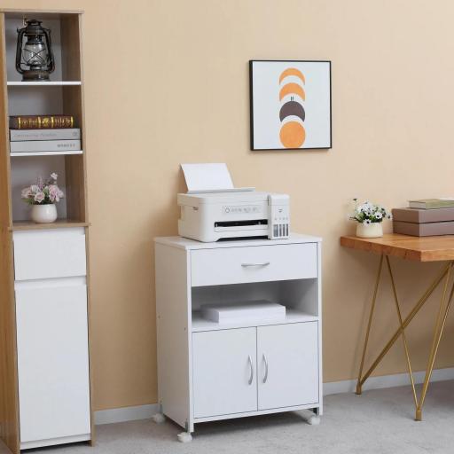 Armario para Impresora con Ruedas Cajón 2 Puertas y Estante para Salón Oficina Estudio 60x39x80 cm Blanco