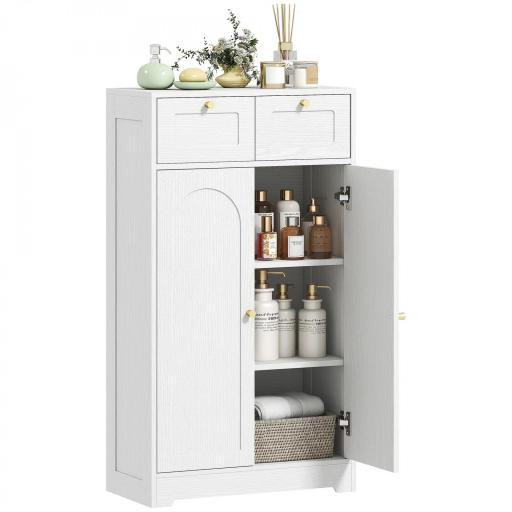 Armario de Baño Estrecho con 2 Cajones Estante Abierto y Puerta con Panel Arqueado 60x30x108 cm Blanco Veteado [8]