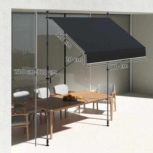 Toldo Manual Retráctil 200x120x210-310 cm para Balcón y Terraza con Altura Ajustable con Manivela Negro [1]