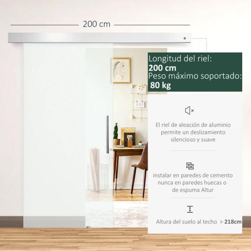 Puerta Corredera de Cristal Satinado 102,5x205 cm Puerta Corrediza con Riel Tirador y Cristal de Seguridad Translúcido [4]