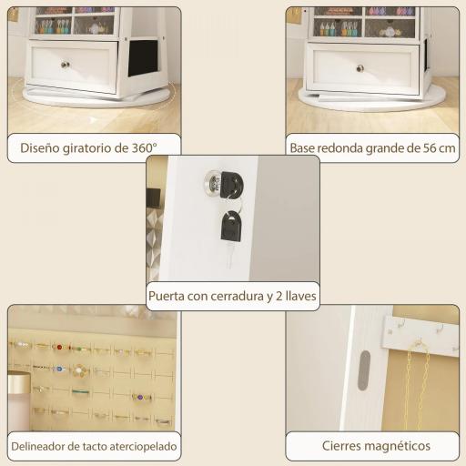 Espejo Joyero con Luces LED Armario Joyero con Espejo Entero Giratorio de 360° Cajón Cerradura Blanco [1]