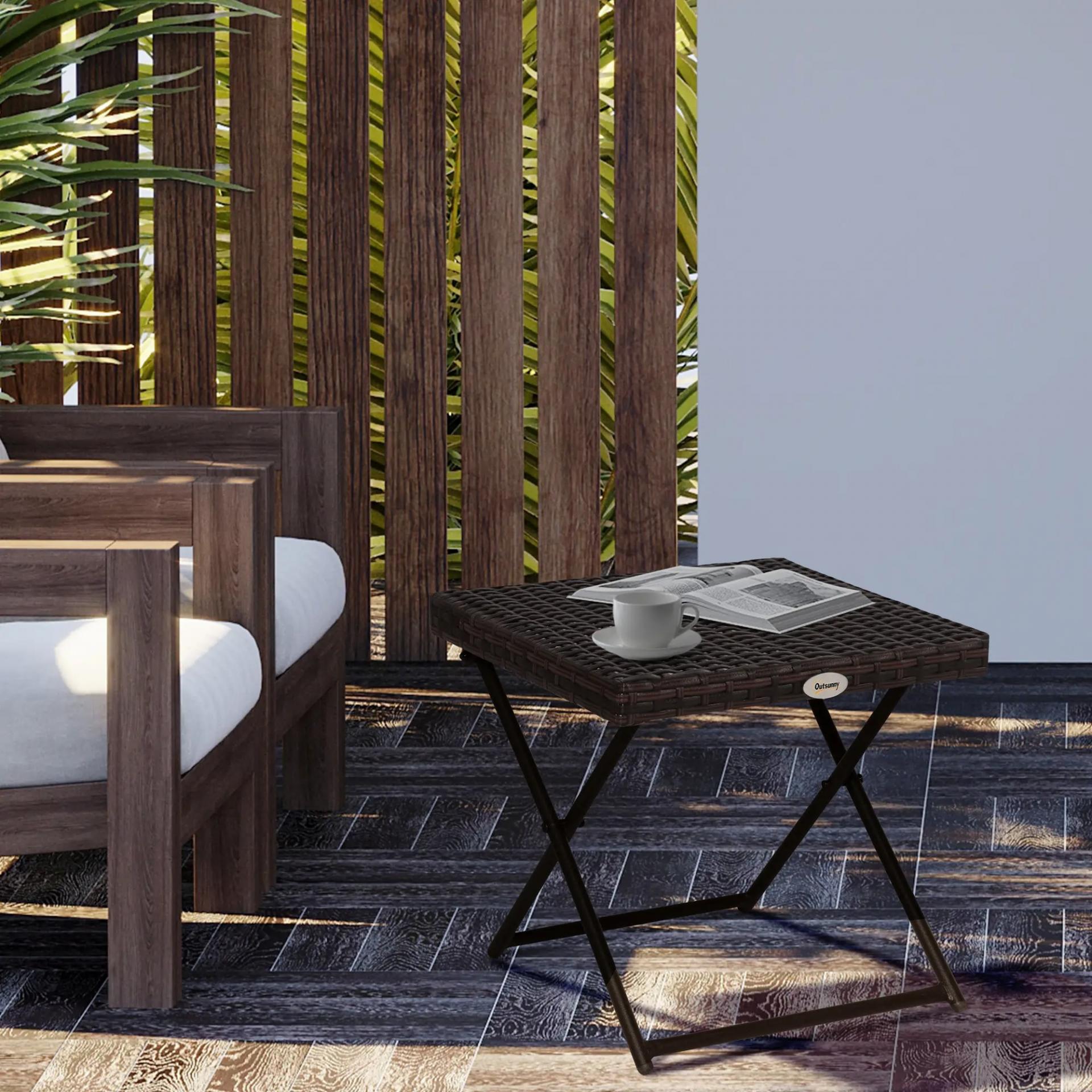 Mesa de Terraza Exterior de Ratán PE Plegable con Patas Cruzadas y Marco de Acero para Patio Balcón 40x40x40 cm Marrón