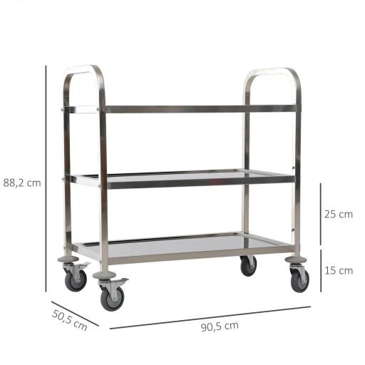 Carrito Auxiliar con Ruedas de Acero Inoxidable 90,5x50,5x88,2 cm Carrito de Cocina con Bandejas y 2 Brazos Plata [1]