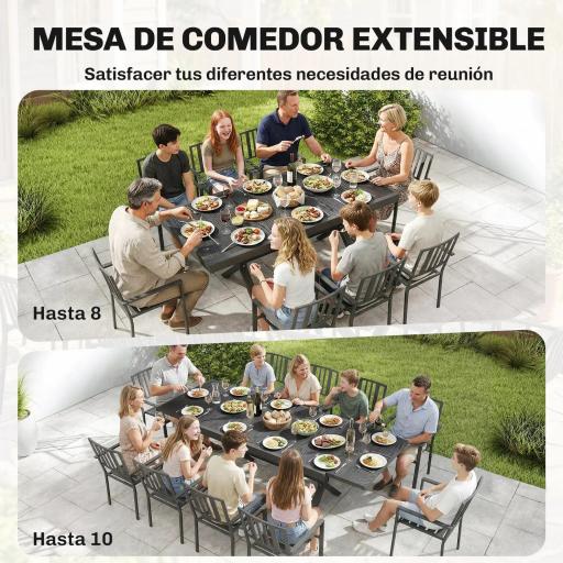 Mesa de Comedor Exterior Extensible 154/214 cm para 8-10 Personas de Aluminio Acero con Tapa Imitación Madera Gris [2]