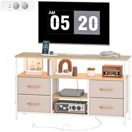 Mueble de TV con Luz LED y Enchufes Puertos USB Estantes Abiertos 4 Cajones plegables 120x30x67,5 cm Beige y Blanco [9]