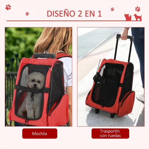 Transportin Carrito Perro 2 en 1 Mochila Carrito 42x25x55 cm Mascotas Perro Gato Rojo [4]