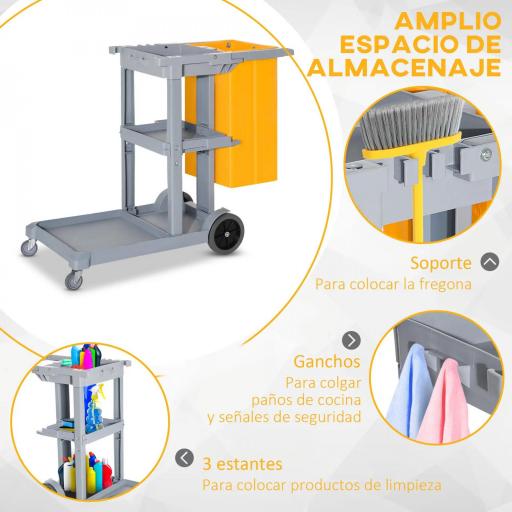 Carro de Limpieza con Bolsa 100L Profesional y Multifuncional para Colectividades Hotel Hostal con 3 Bandejas y 1 Plataforma 121x50,5x96,5 cm Gris y Amarillo [4]