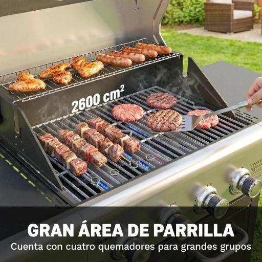 Barbacoa de Gas con 4 Quemadores 12,8 kW Termómetro Parrillas de Hierro Fundido Mesas Laterales Armario y Ruedas Negro [7]
