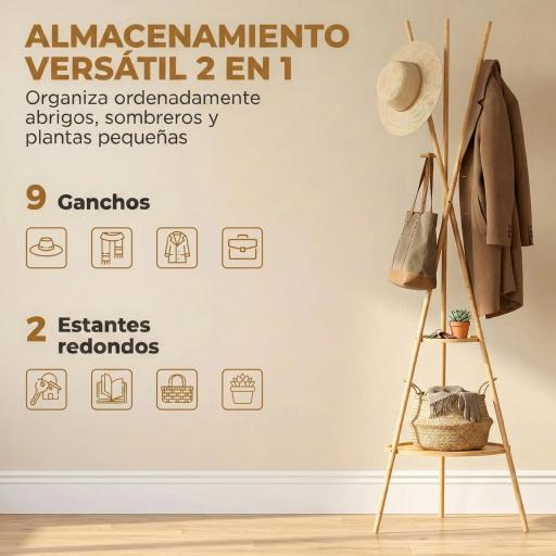 Perchero de Pie de Bambú Perchero para Ropa con 2 Estantes y 9 Ganchos Diseño Elegante 58,5x58,5x176 cm Natural [2]