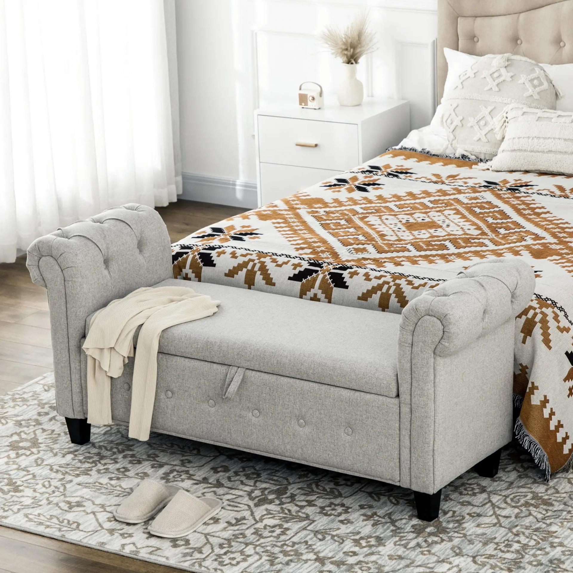 Banqueta Pie de Cama con Almacenamiento y Reposabrazos para Dormitorio Salón Pasillo 146,5x49x74,5 cm Gris Claro