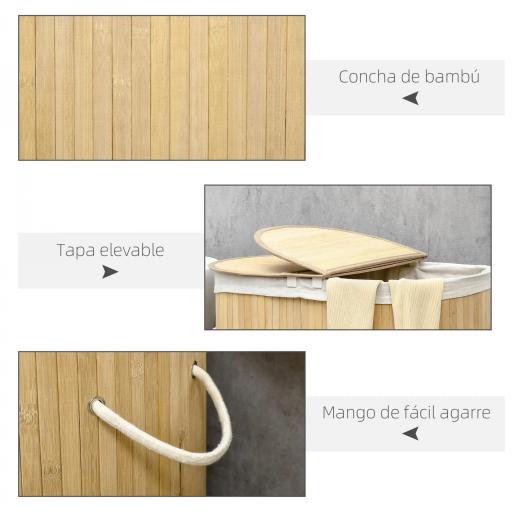 Cesto para Ropa Sucia de Bambú 100L 2 Compartimentos Bolsa Interior Extraíble y Lavable 62,5x37x60,5 cm Natural [8]