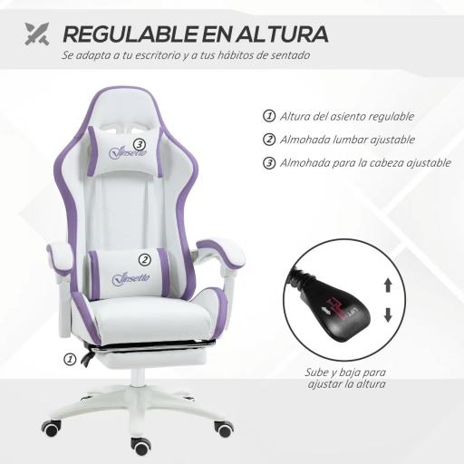 Silla Gaming Silla Gamer de Cuero PU Altura Ajustable Reclinable 135° Reposacabezas y Reposapiés 65x65x121-129 cm Blanco [4]