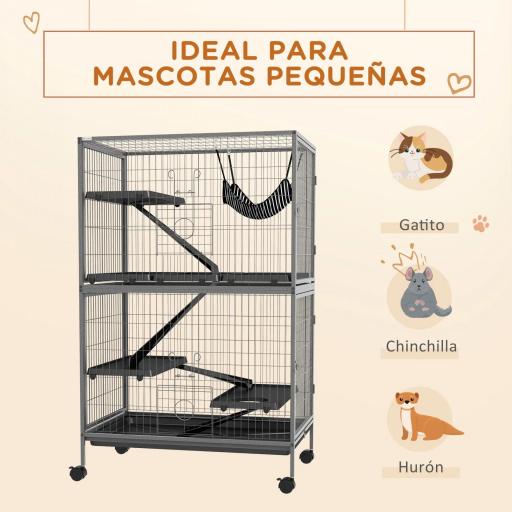 Jaula para Animales Pequeños con Ruedas Rampas Hamaca y Bandeja Extraíble para Chinchillas Hurones 80x52x128 cm Gris [2]