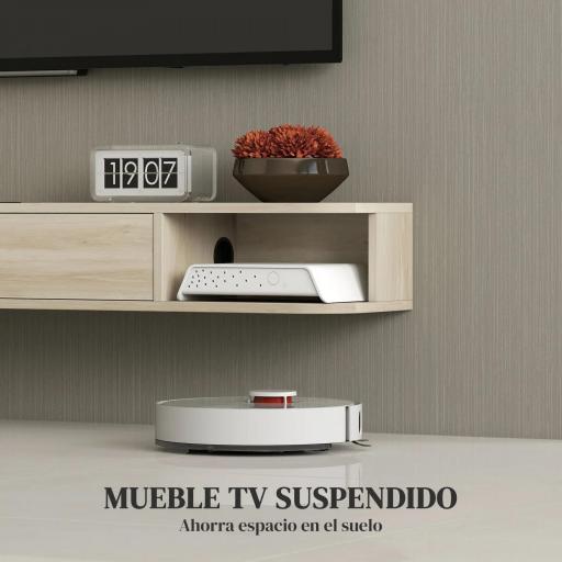 Mueble de TV Suspendido con Cajón Abatible 2 Estantes Abiertos Gestión de Cables 140x24x16 cm Madera Natural [2]