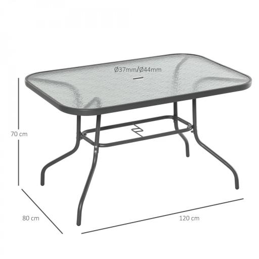 Mesa de Jardín Exterior Rectangular de Metal Bordes Curvos con Orificio para Sombrilla Capacidad 70kg Vidrio Templado 120x80x70 cm Gris Carbón [1]