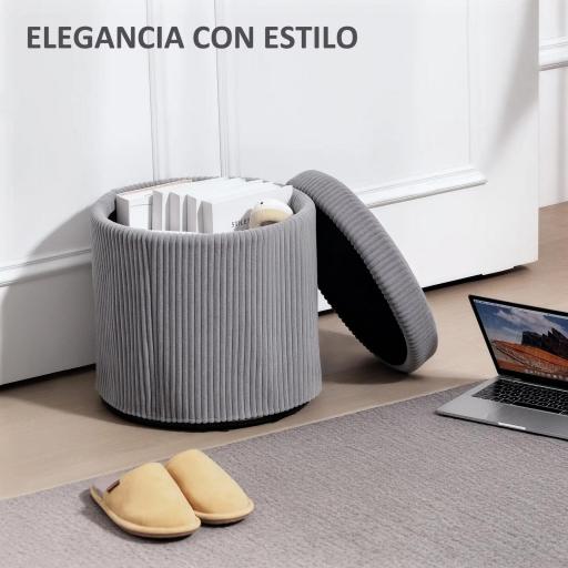 Puff con Almacenaje Redondo Tapizado en Pana con Estructura de Acero Estable y Acolchado Suave Ø40x41 cm Gris Claro [2]