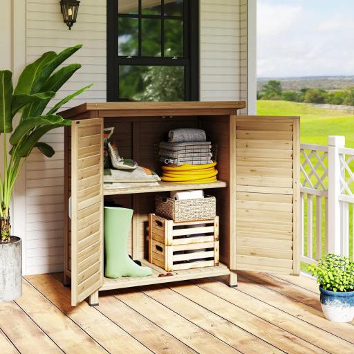 Armario para Terraza de Madera con 2 Estantes Interiores 2 puertas de Buena Ventilación y Techo Inclinado para Exterior 87x46,5x96,5 cm Madera Natural