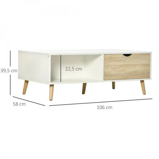 Mesa de Centro Rectangular Mesa con 2 Cajones y Compartimientos Abiertos Estilo Nórdico 106x58x39,5 cm Blanco [1]