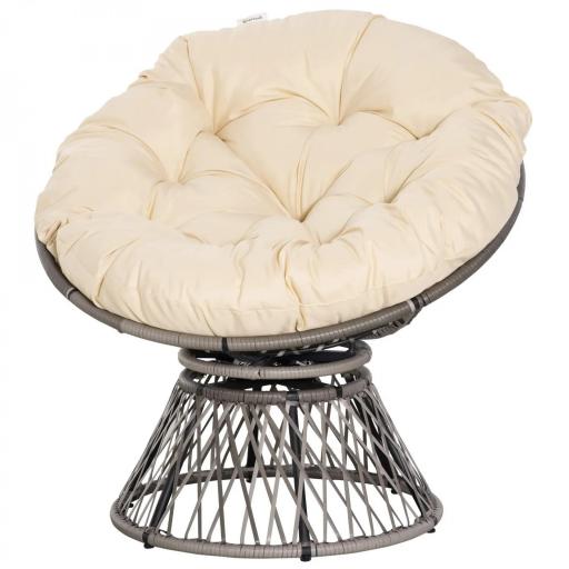 Sillón Papasan Giratorio de Ratán Sintético con Cojín Carga 160 kg para Exterior Jardín Terraza 87x97x86 cm Gris y Crema [9]