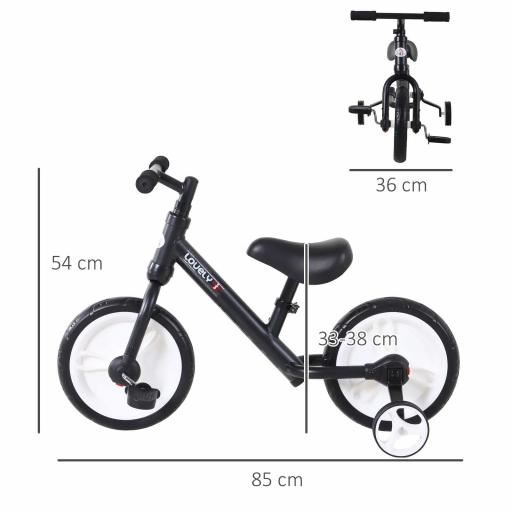 Bicicleta de Equilibrio con Pedales y Ruedas Entrenamiento Extraíbles de Asiento Regulable 33-38cm Niños +24 Meses Carga 25kg Negro [1]