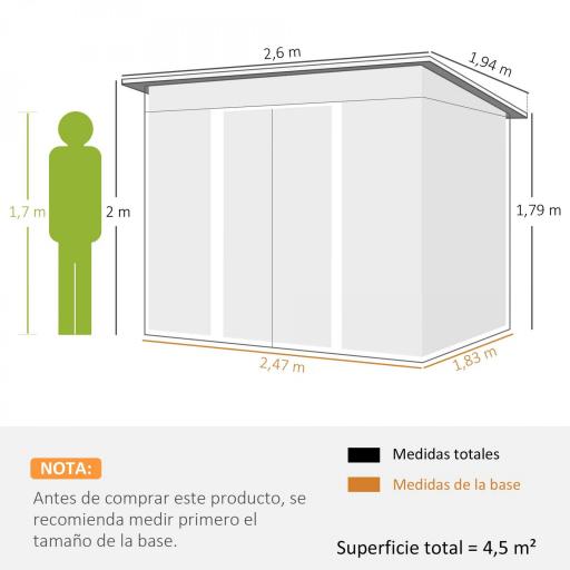 Cobertizo de Jardín Exterior 4,5 m² 260x194x200 cm con Paneles Frontales Transparentes y 2 Puertas Corredizas Gris [1]