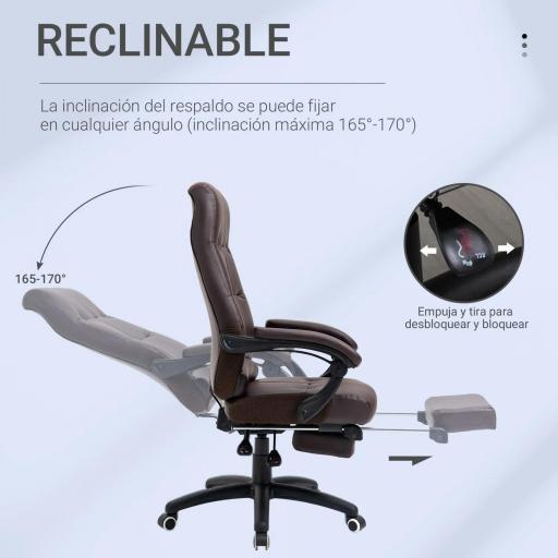 Silla de Oficina Giratoria Silla de Escritorio Reclinable Silla de Estudio Tapizada de PU con Altura Ajustable Reposabrazos Reposapiés 65x65x118-125 cm Marrón [4]