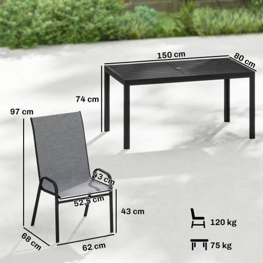 Conjunto de Mesa y Sillas Jardín con Mesa Metálica con Agujero y 6 Sillas Apilables Transpirables para Terraza Gris [7]