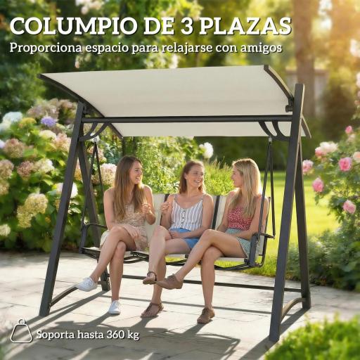 Columpio de Jardín de 3 Plazas con Techo Ajustable UPF50+ Asiento Transpirable Carga 360 kg 188x130x183 cm Crema [2]