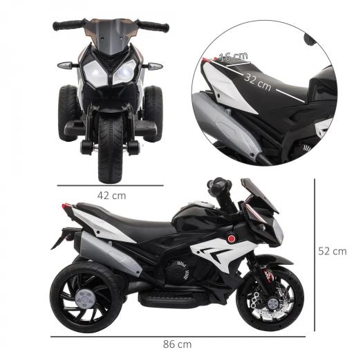 Moto Eléctrica Infantil con 3 Ruedas Trimoto para Niños de +3 Años con Batería 6V Recargable Funciones de Música Bocina Faros 86x42x52 cm Negro y Blanco [1]
