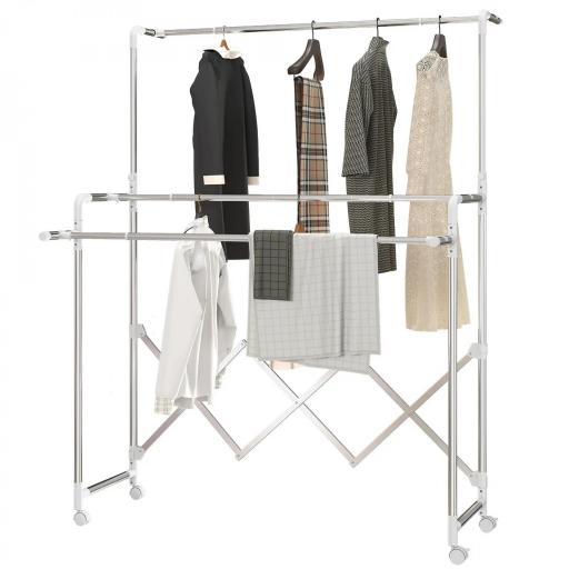 Tendedero Plegable de 3 Niveles Tendedero de Acero Inoxidable con 3 Barras Ajustables y Extensibles 4 Ruedas Plata [9]