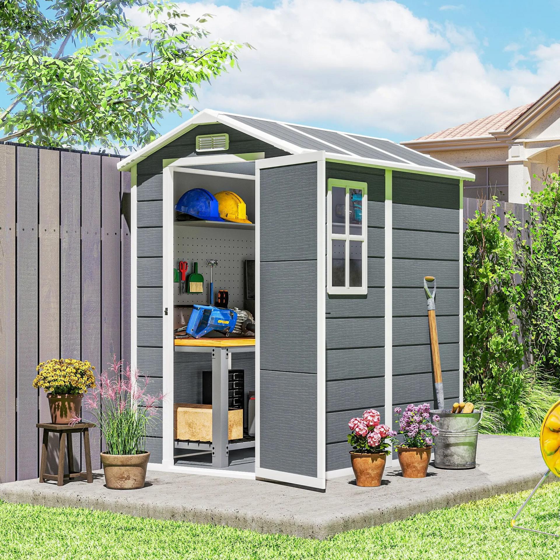 Cobertizo de Jardín Exterior 2,1 m² 131x186x198 cm Caseta de Jardín con Suelo Ventana y Puerta con Cerradura Gris