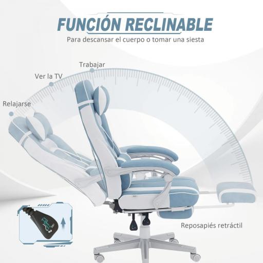 Silla Gamer Reclinable con Altura Ajustable Reposapiés Retráctil Soporte Lumbar y Reposacabezas Desmontable Azul [5]