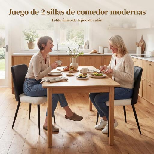 Juego de 2 Sillas de Cocina con Respaldo de PU de Imitación Ratán Patas de Acero y Asiento Acolchado Negro y Beige [5]