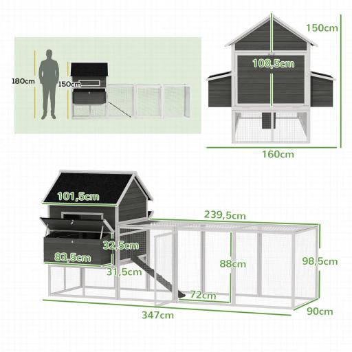 Gallinero Madera Grande Exterior con 2 Nidos Corral Techo Asfáltico Bandeja Extraíble Rampa 347x160x150 cm Gris Oscuro [1]