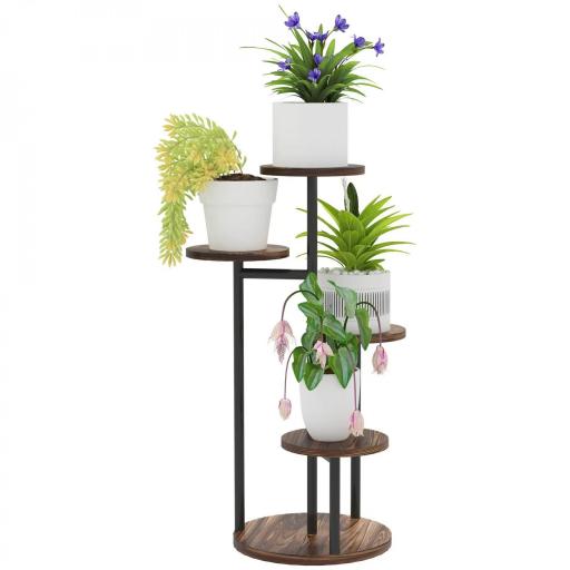 Soporte para Plantas de Madera y Acero de 5 Niveles con 5 Estantes Redondos Soporte para Macetas 43x43x70 cm Carbonizado [8]
