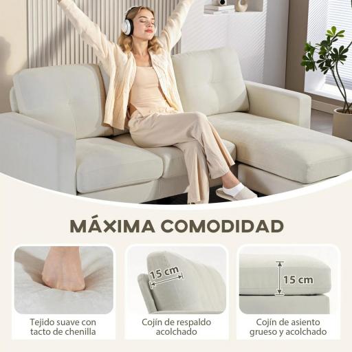 Sofá Chaise Longue Reversible con Estructura de Acero Tapizado en Chenilla 186x130x84cm Crema [1]