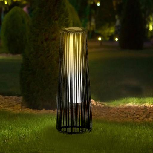 Linterna de Jardín de Ratán Sintético Farola Solar Exterior con Luces LED Encendido y Apagado Automático Impermeable para Terraza Balcón Patio Ø21,5x61 cm, Negro [2]
