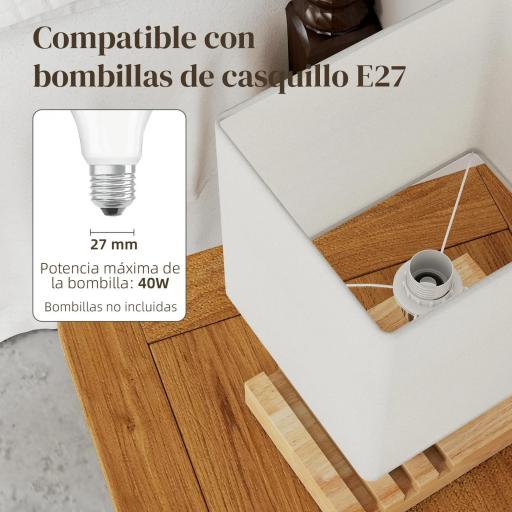 Lámpara de Mesa con Puertos USB-A/C Tres Ranuras para Teléfonos Base de Madera y Pantalla de Tela Blanco [6]
