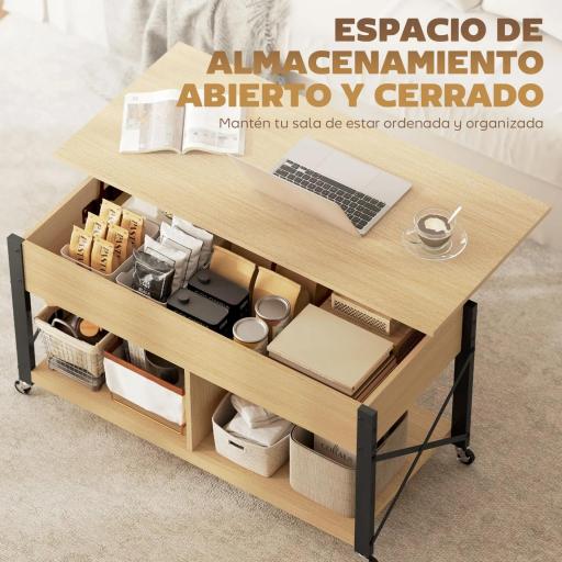 Mesa de Centro Elevable con Ruedas Mesa de Salón con Compartimento Oculto Estantes Abiertos Madera Natural y Blanco [4]