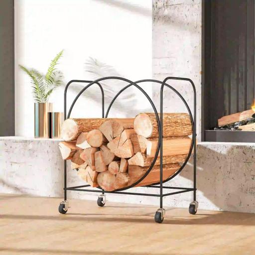 Leñero Exterior Metálico de Chimenea Soporte para Leña con Ruedas para Interior y Exterior 51x30x60 cm Negro [7]