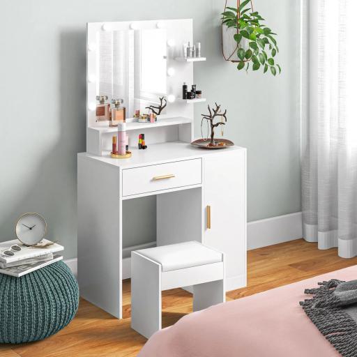 Tocador de Maquillaje con Taburete Espejo LED Cajones Estante Ajustable y Estantes Abiertos para Dormitorio Blanco [4]