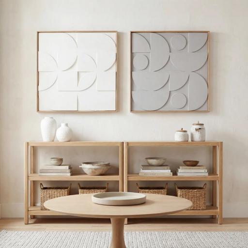 Decoración de Pared de Madera 3D de 2 Piezas con Patrones Geométricos Huecos para Salón Dormitorio Pasillo Blanco [1]