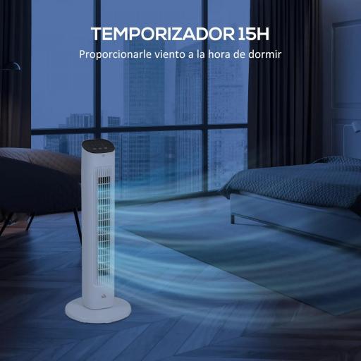 Ventilador de Torre 50W con Control Remoto 3 Velocidades Temporizador 15h Oscilación Pantalla LED 30x30x78 cm Blanco [4]